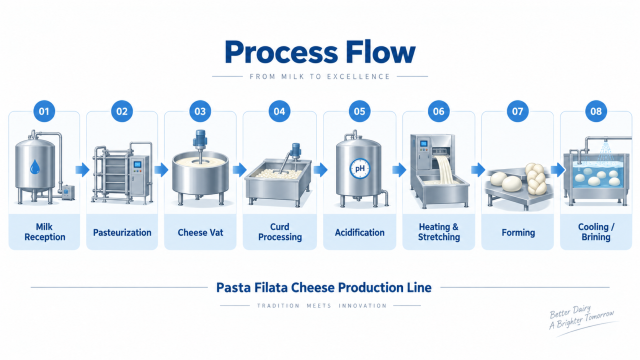 Pasta Filata cheese process flow from acidification through stretching, forming and cooling