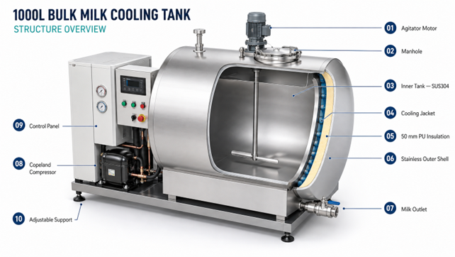 1000L bulk milk cooling tank structure diagram