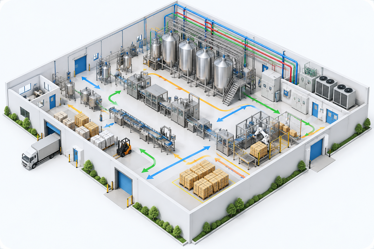 Three-dimensional factory layout visualization with processing equipment