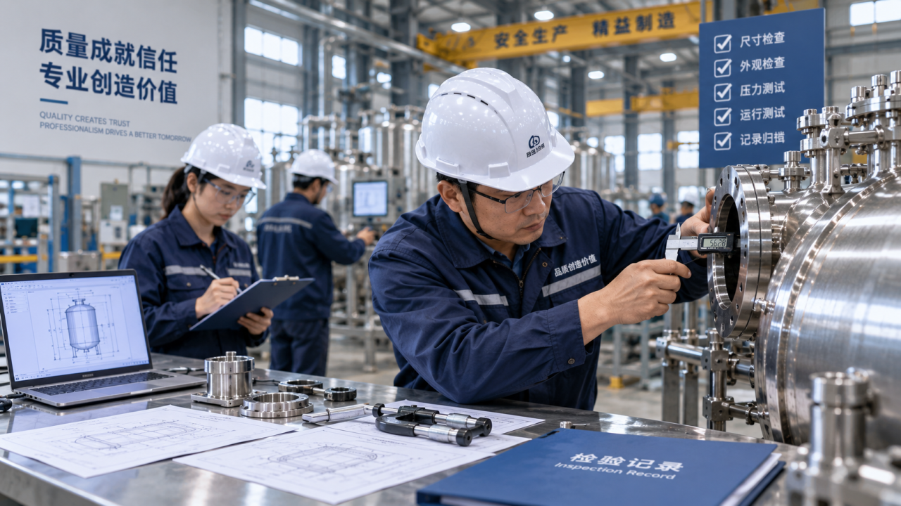 Engineers inspecting manufacturing equipment and documentation