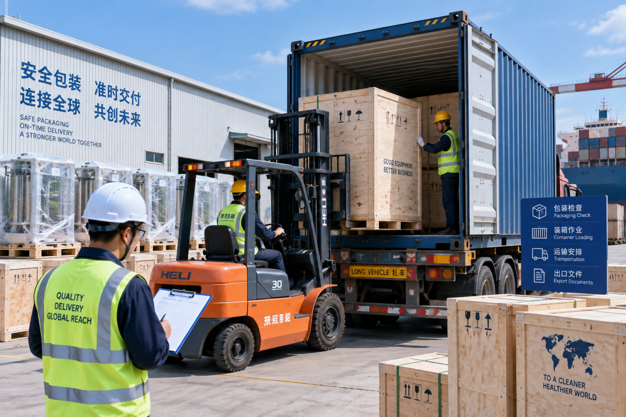 Team preparing packaged equipment for shipment