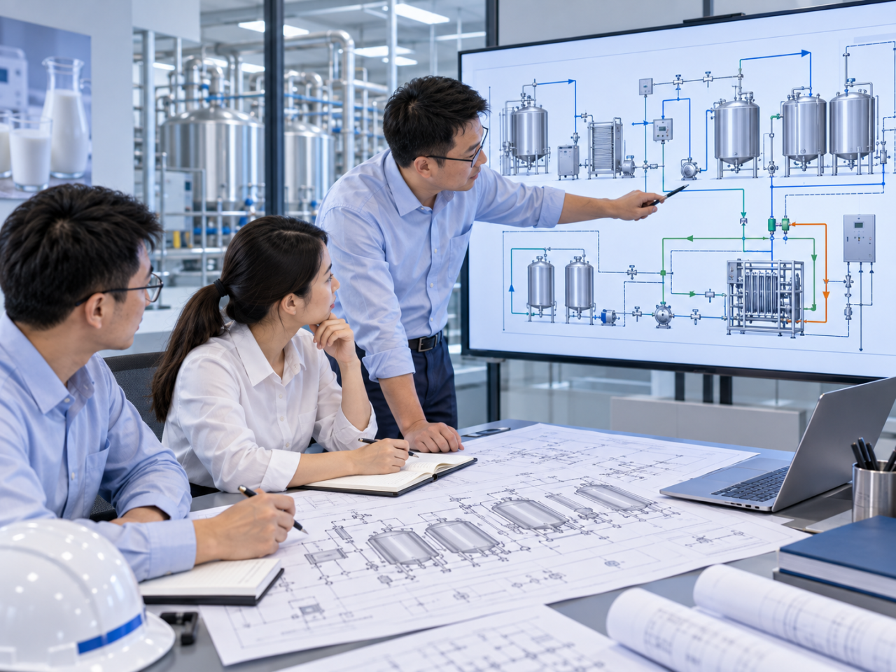 Engineers reviewing a dairy processing process diagram