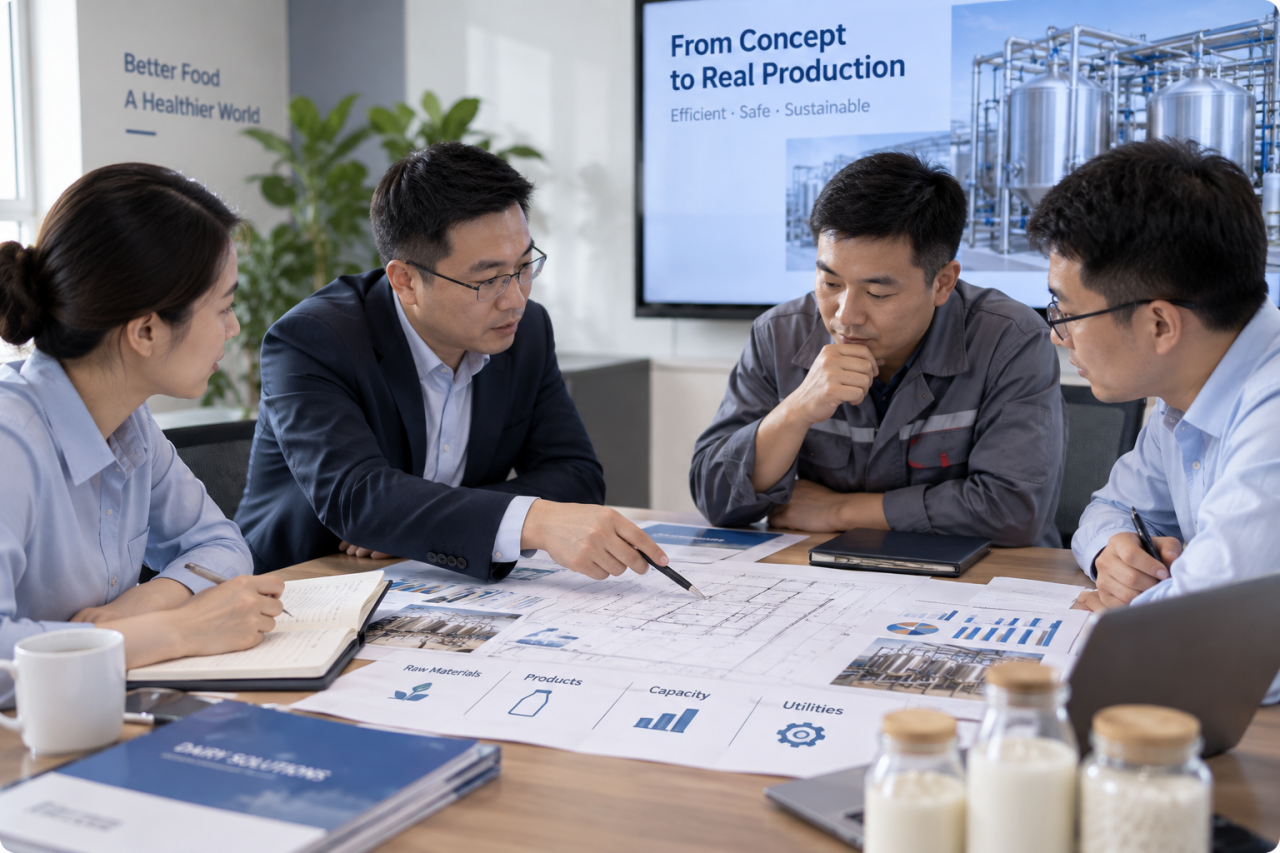 Team reviewing dairy processing project requirements