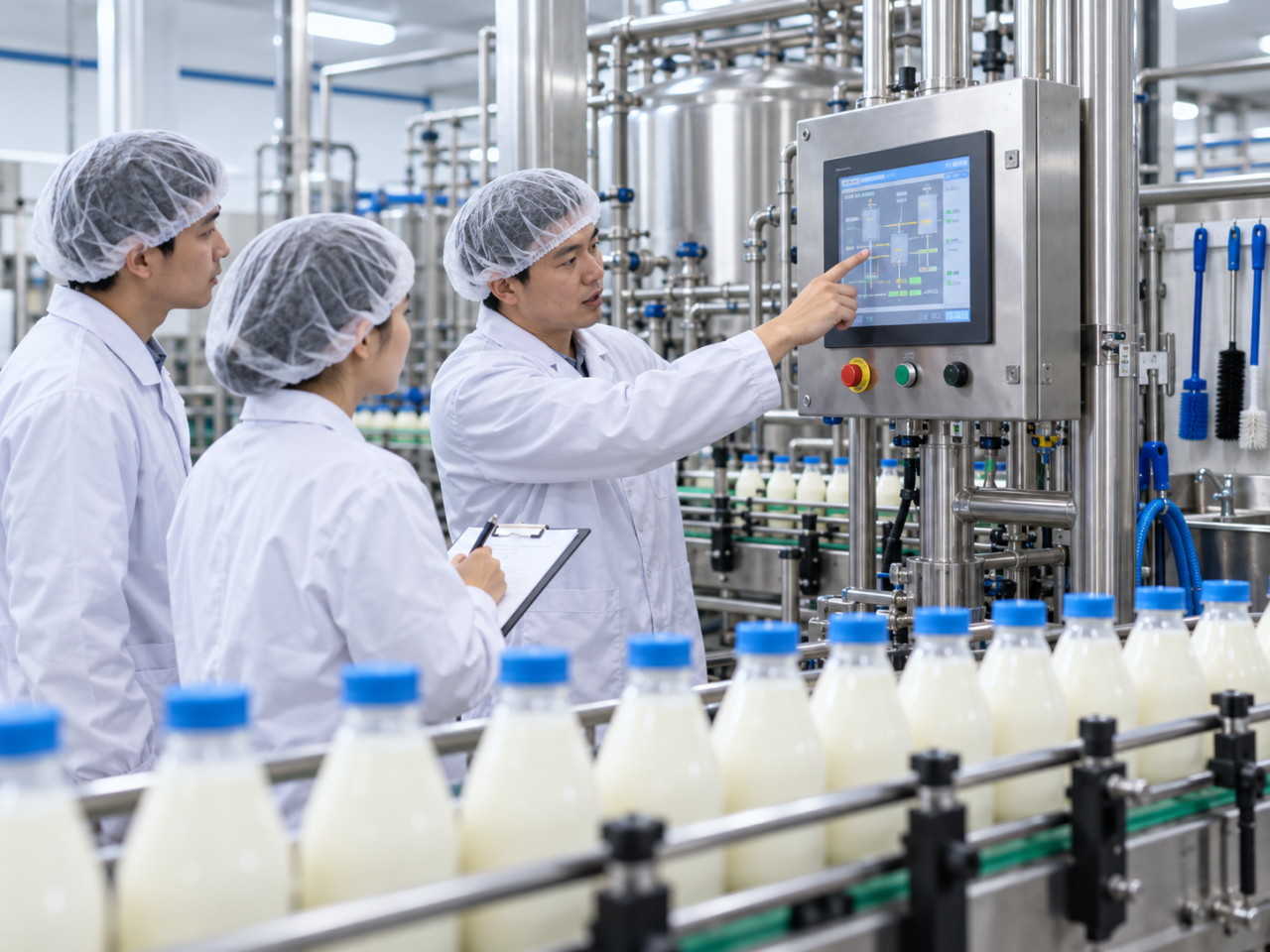 Operators receiving training beside a dairy production line